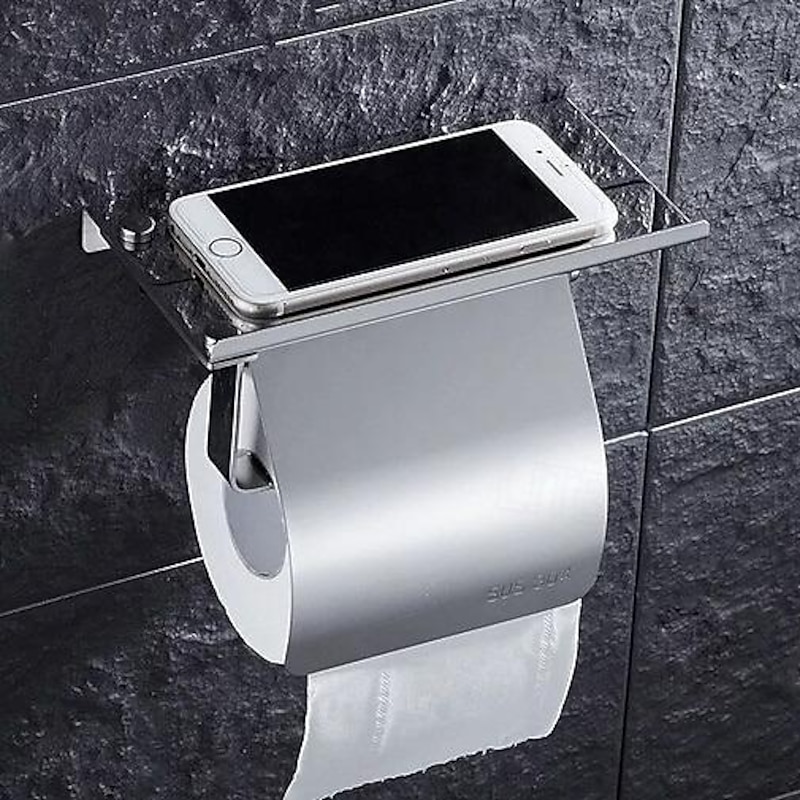 Toilet Paper Holder Stainless Steel for Bathroom with Mobile Phone Storage Shelf Wall Mounted 1pc3