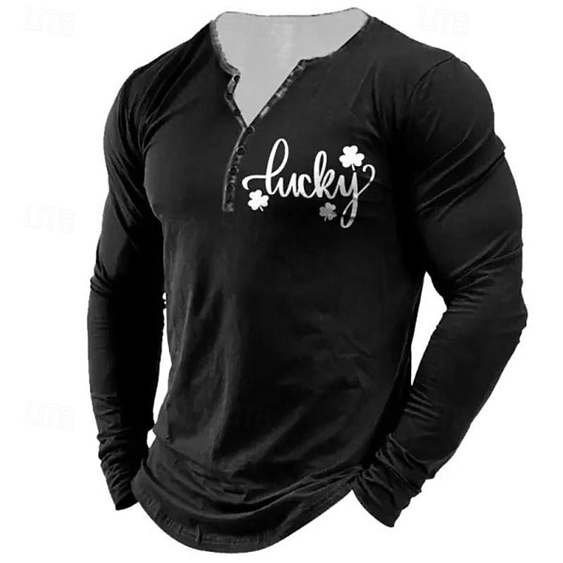 St Patrick St Paddys Shamrock Men's Fashion Casual 3D Print T Shirt Tee Henley Shirt Daily Holiday Going out St. Patrick T shirt Black Navy Blue Green Long Sleeve Henley Shirt Spring & Fall Clothing4