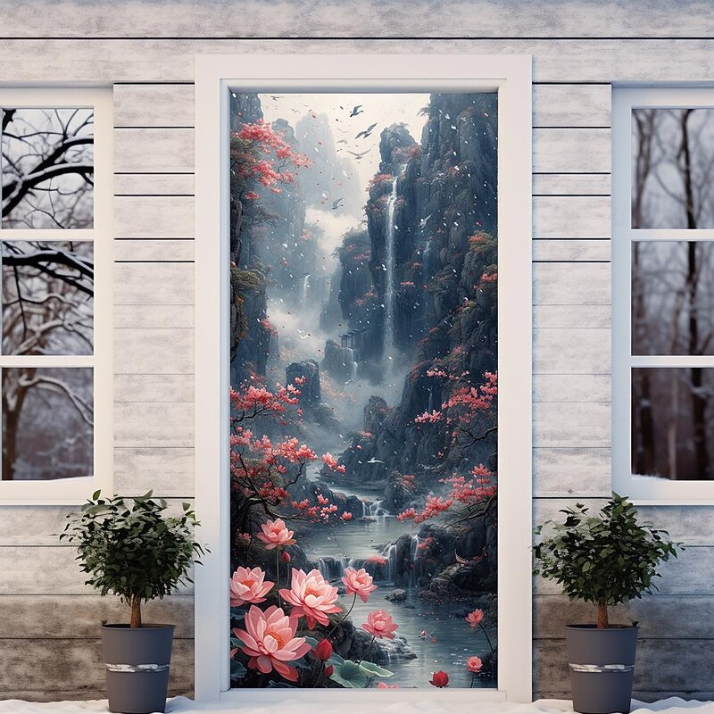Lotus Flower Door Covers Mural Decor Door Tapestry Door Curtain Decoration Backdrop Door Banner Removable for Front Door Indoor Outdoor Home Room Decoration Farmhouse Decor Supplies4