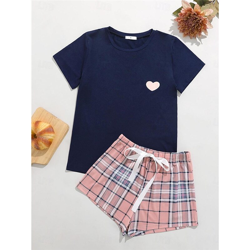 Women's Pajamas Sets Heart Grid / Plaid Fashion Comfort Home Daily Bed Breathable Crew Neck Short Sleeve T shirt Tee Shorts Elastic Waist Summer Spring Home Outfits