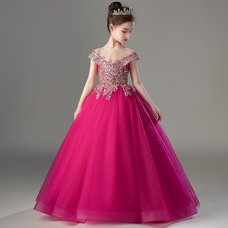 Kids Girls' Party Dress Solid Color Short Sleeve Performance Wedding Mesh Princess Sweet Mesh Mid-Calf Sheath Dress Tulle Dress Flower Girl's Dress Summer Spring Fall 2-12 Years Rose Red3