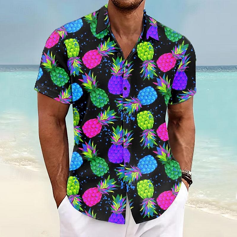 Men's Pineapple Shirt Summer Hawaiian Shirt Aloha Shirt Short Sleeve Shirt Turndown Vacation Hawaiian Outdoor Vacation Hawaiian Blue Purple Fuchsia S M L3