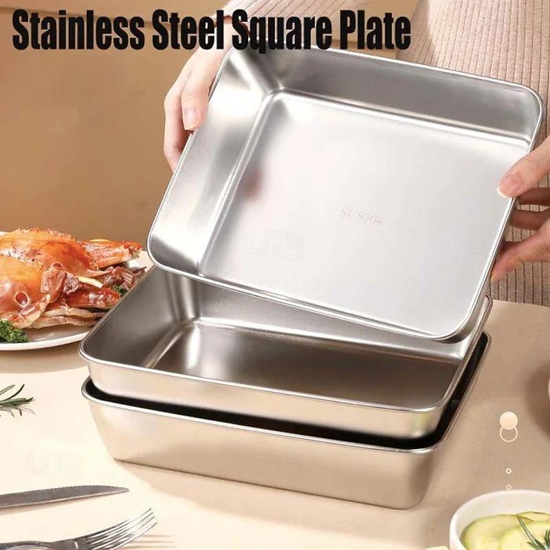 Stainless Steel Dinner Plates, Thickened Metal Dish Plate for Food, Small Square Serving Tray for Appetizer Cookie Steak Dessert Salad Dental2