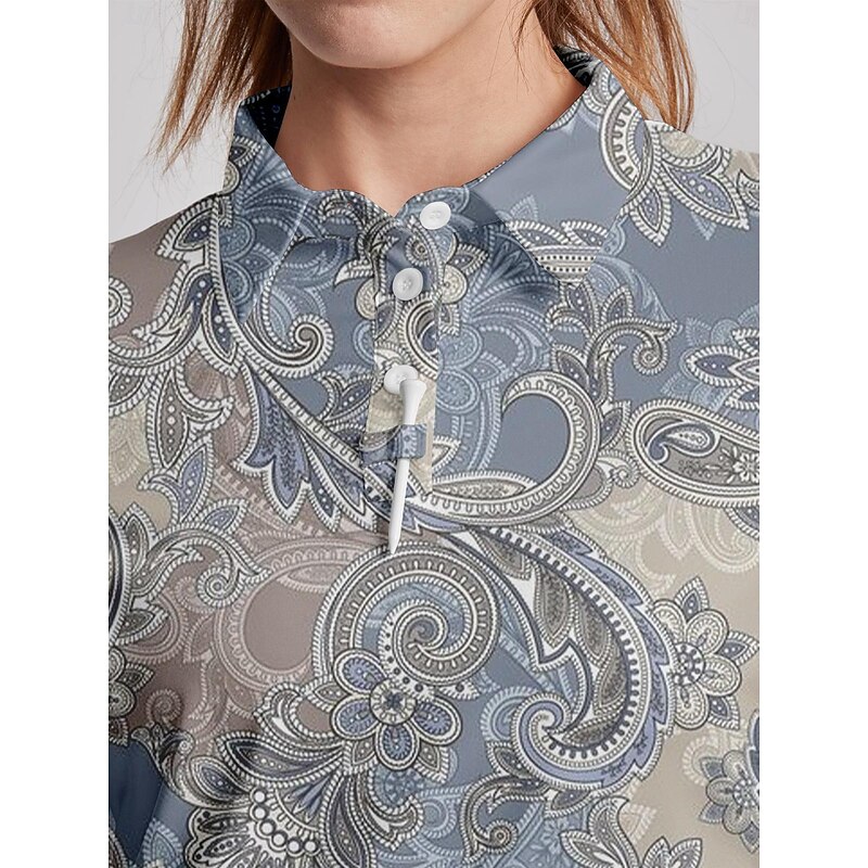 Women's Golf Polo Shirt Blue Short Sleeve Top Paisley Ladies Golf Attire Clothes Outfits Wear Apparel3