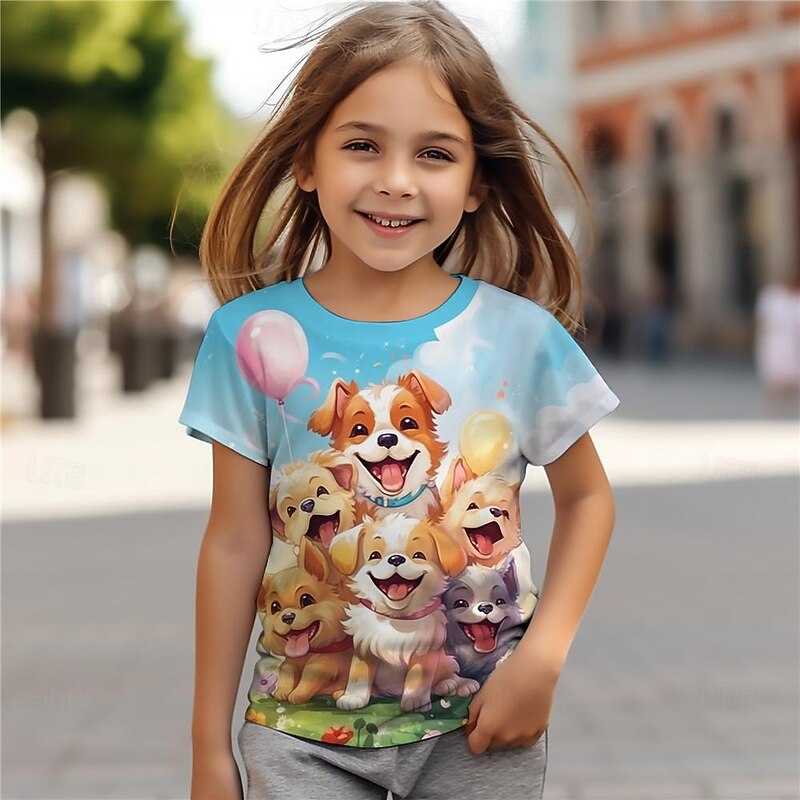 Girls' 3D Dog Tee Shirts Short Sleeve 3D Print Summer Active Fashion Cute Polyester Kids 3-12 Years Crew Neck Outdoor Casual Daily Regular Fit