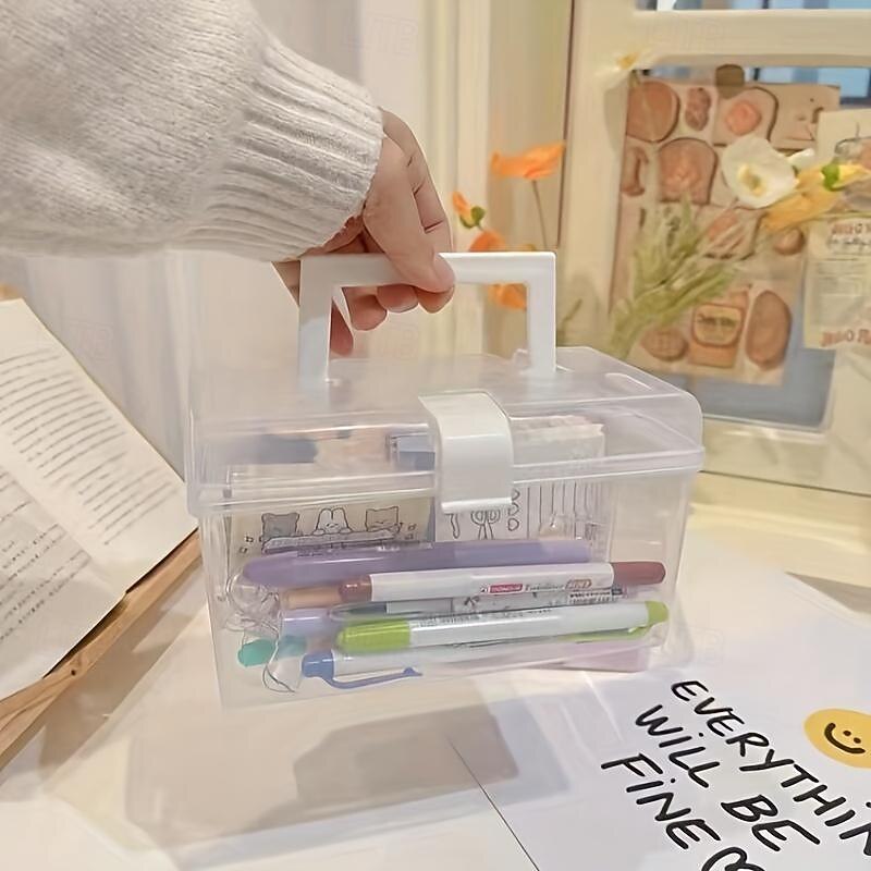 1pc Portable Clear Storage Box Makeup Storage Organzier Student Desktop Stationery Multi-functional Sundries Large Capacity Storage Box3