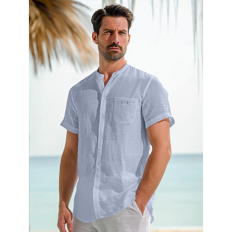 45% Linen Pocket Men's Linen Shirt Shirt Button Up Shirt Summer Shirt White Dark Navy Blue Short Sleeve Plain Stand Collar Summer Outdoor Daily Clothing Apparel