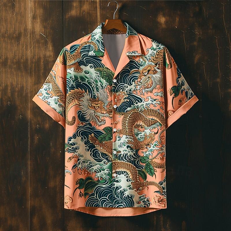 Men's Dragon Button Up Shirt Printed Shirts Short Sleeve Subcultural Vacation Party Street Summer Cuban Collar Print Button-Down Pink Blue Purple Orange4