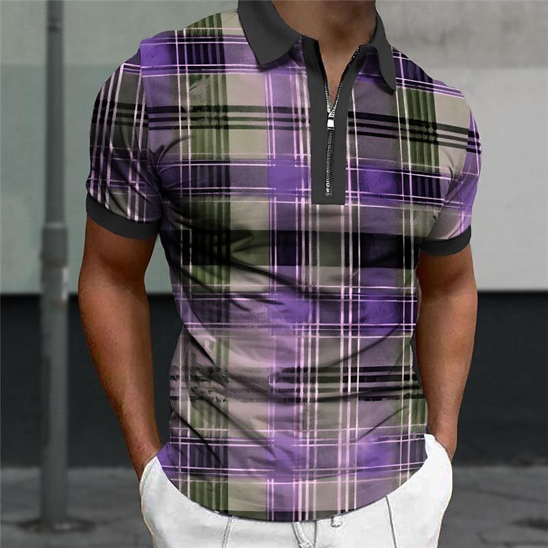 Men's Plaid Zip Polo Shirts Golf Shirt Short Sleeve Polo Shirts Collared Shirts Casual Vacation Wear Formal Wear Festival Wear 3D Print Quarter Zip Polo Summer Yellow Red Blue4