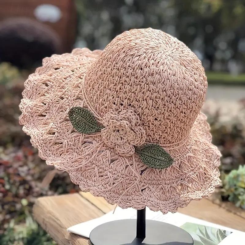 Women's Sun Hat Beige Crochet Flower Detail Wide Brim Beach Garden Party Elegant Accessory One Size Fits Most Spring Summer Apparel3