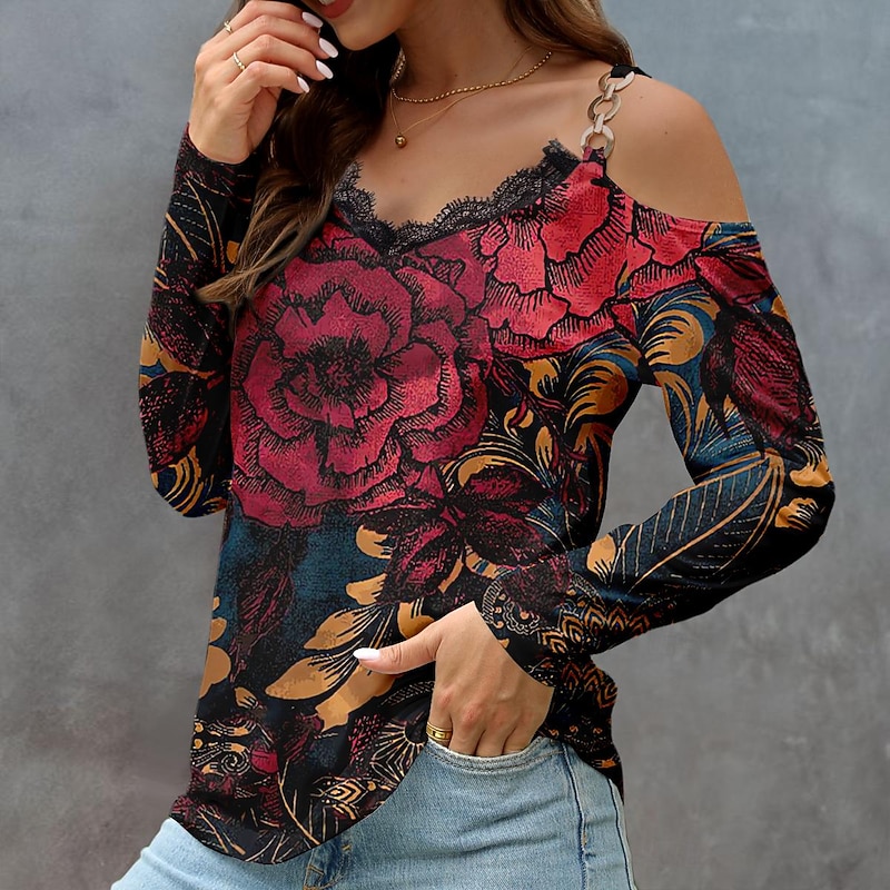 Women's Blouse Long Sleeve  V Neck Fashion Floral Print Cold Shoulder Regular Tops Off Shoulder Casual Holiday Red Blue Purple Spring &  Fall2