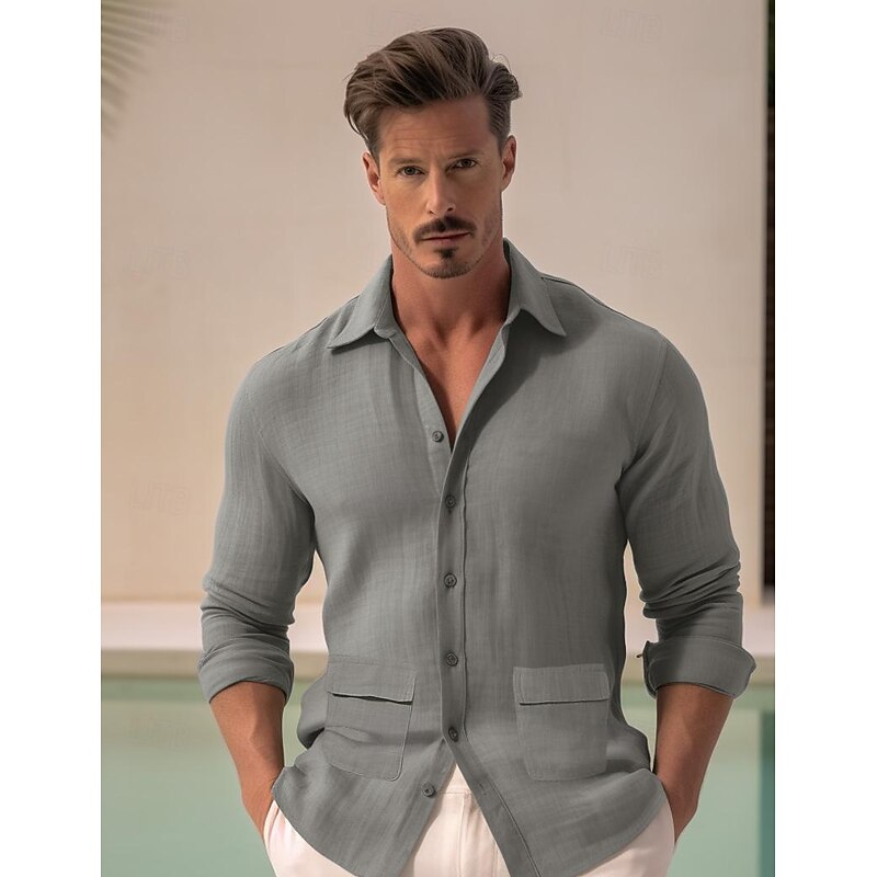 100% Linen Pocket Men's Linen Shirt Shirt Button Up Shirt Beach Shirt Black Green Long Sleeve Plain Lapel Spring &  Fall Outdoor Daily Clothing Apparel