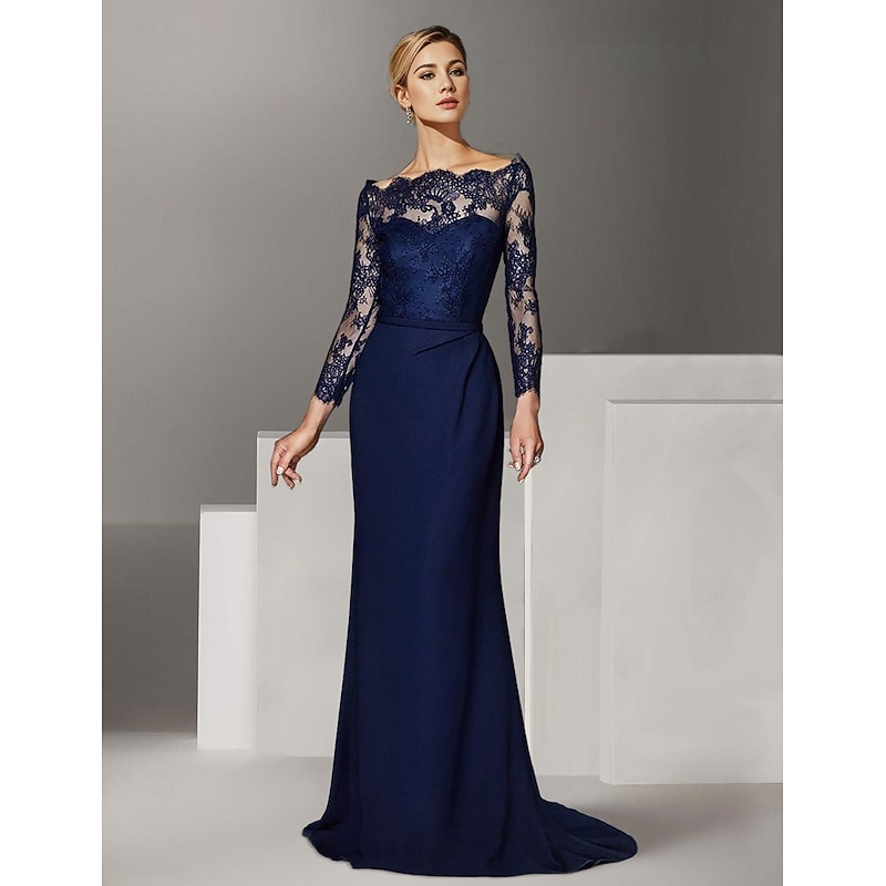 Mermaid Mother of the Bride Dress Formal Wedding Guest Elegant Off Shoulder Floor Length Lace Stretch Chiffon Long Sleeve with Lace Ruching