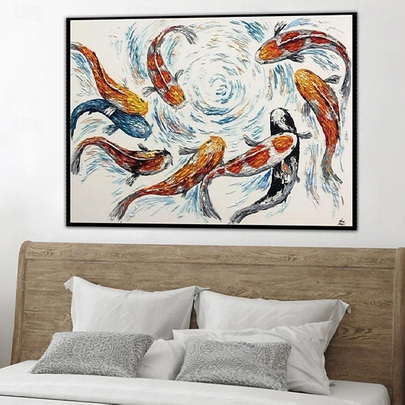 Handmade Hand Painted Oil Painting Wall Modern Abstract Large Koi Fish Abstract Painting Original Koi Fish Art Feng Shui Painting FISH POND No Frame Unstretched3