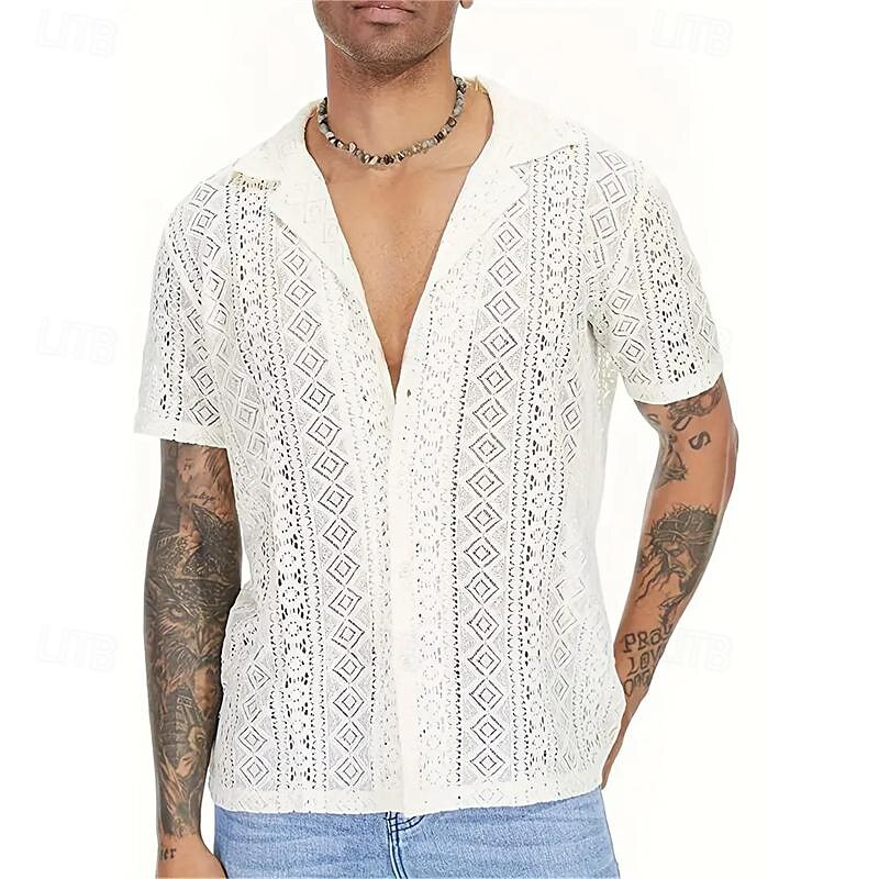 Men's Summer Shirt Casual Shirt Button Up Shirt Black White Short Sleeve Plain Argyle Camp Collar Vacation Holiday Lace Clothing Apparel Polyester Fashion Casual Comfortable