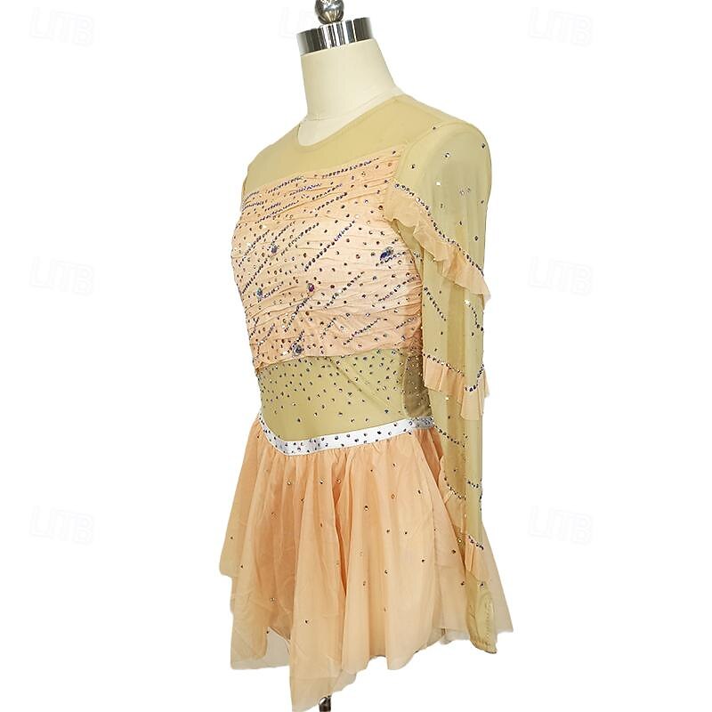 Figure Skating Dress Women's Girls' Ice Skating Dress Champagne Patchwork Thumbhole Mesh Spandex Stretchy Training Practice Professional Skating Wear Crystal / Rhinestone Long Sleeve Ice Skating4