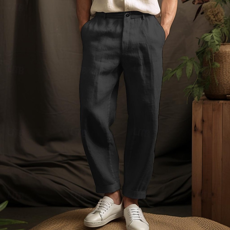 40% Linen Men's Linen Pants Trousers Summer Pants Button Up Pocket Plain Breathable Comfortable Office / Career Daily Vacation Classic Casual Black White4