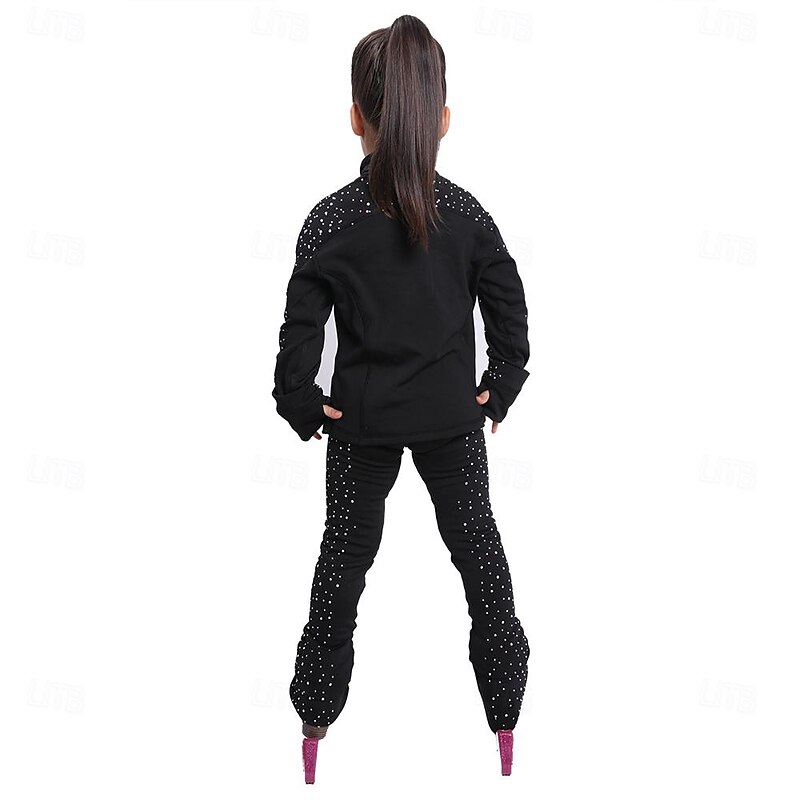 Figure Skating Jacket with Pants Women's Girls' Ice Skating Tights Outfits Black High Elasticity Training Practice Professional Skating Wear Thermal Warm Crystal / Rhinestone Long Sleeve Ice Skating3