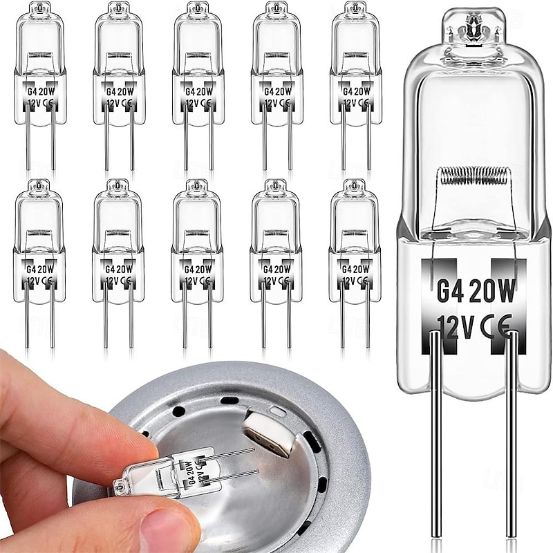 10pcs G4 Halogen Bi-Pin Light Bulbs 12V 20W Dimmable 3000K Warm White for Under Cabinet Puck Light Chandeliers Landscape Lighting