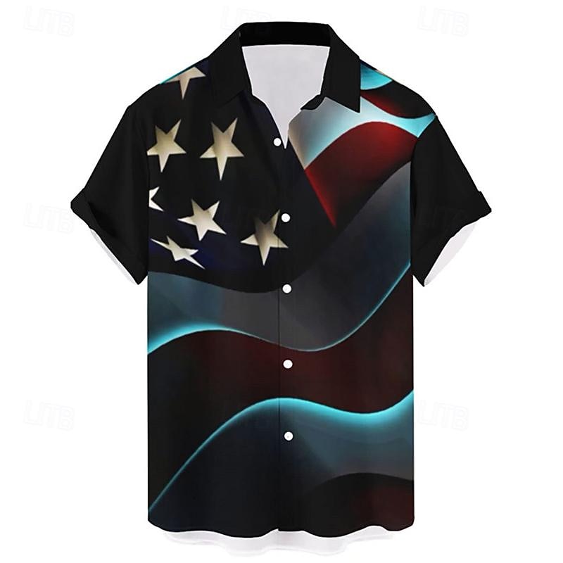 Men's American US Flag Shirt Western Shirt Button Up Shirt Short Sleeve Casual Daily Wear Going out Weekend Autumn / Fall Turndown Print Button-Down Black Red Blue
