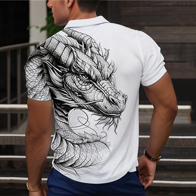 Men's Dragon Polo Shirts Golf Shirt Short Sleeve Polo Shirts Collared Shirts Casual Funny Streetwear Vacation Wear Party Outfits Buttons 3D Print Summer Wine Green Gray2