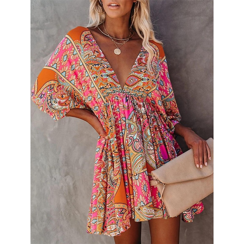 Women's Mini Dress Petite Dress Paisley Dress Casual Dress Boho Chic Dresses Boho Dress Bohemia Ethnic A Line Vacation Street Holiday Loose Fit Floral Paisley 3/4 Length Sleeve V Neck Fuchsia Summer