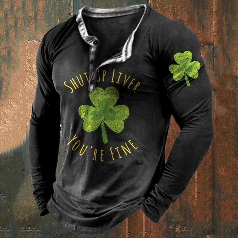 Men's St. Patrick Shamrock Henley Shirt T shirt Tee Tee Top Long Sleeve 3D Print Fashion Designer Basic Vacation St.Patrick's Day Street Spring &  Fall Black Green Army Green Henley Henley T-Shirt3