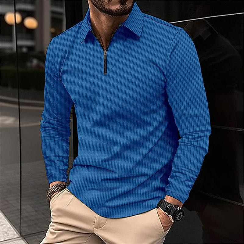 Men's Waffle Polo Shirt Quarter Zip Polo Daily Holiday Turndown Long Sleeve Fashion Modern Plain Texture Spring &  Fall Regular Fit Black White Blue Brown Green Khaki Waffle Polo Shirt