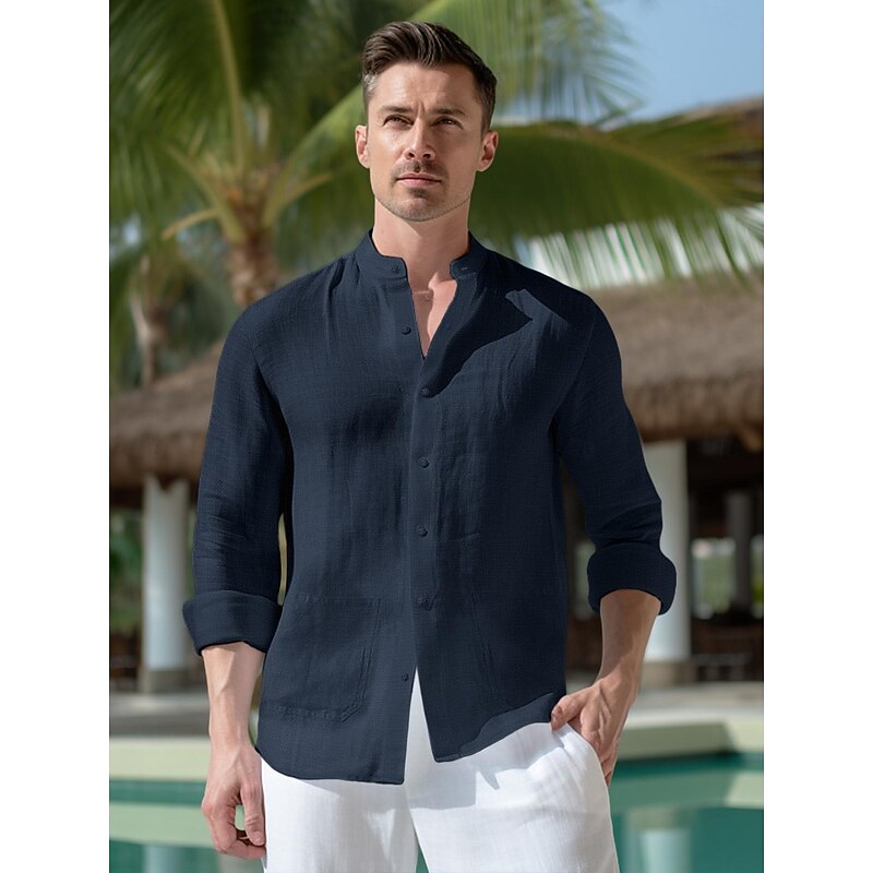 100% Linen Pocket Men's Linen Shirt Shirt Beach Shirt Black White Dark Navy Long Sleeve Plain Standing Collar Spring &  Fall Outdoor Daily Clothing Apparel2