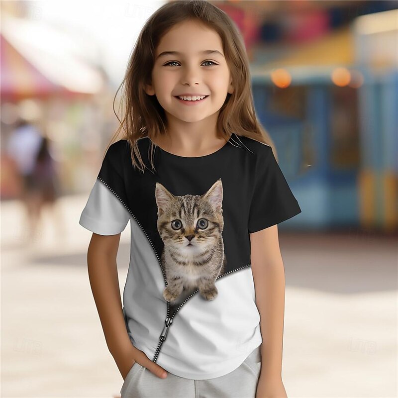 Girls' 3D Cat Tee Shirts Short Sleeve 3D Print Summer Active Fashion Cute Polyester Kids 3-12 Years Crew Neck Outdoor Casual Daily Regular Fit
