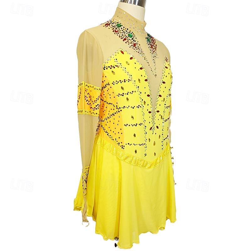 Figure Skating Dress Women's Girls' Ice Skating Dress Yellow Patchwork Thumbhole Mesh Spandex Stretchy Training Practice Professional Skating Wear Crystal / Rhinestone Long Sleeve Ice Skating Figure3