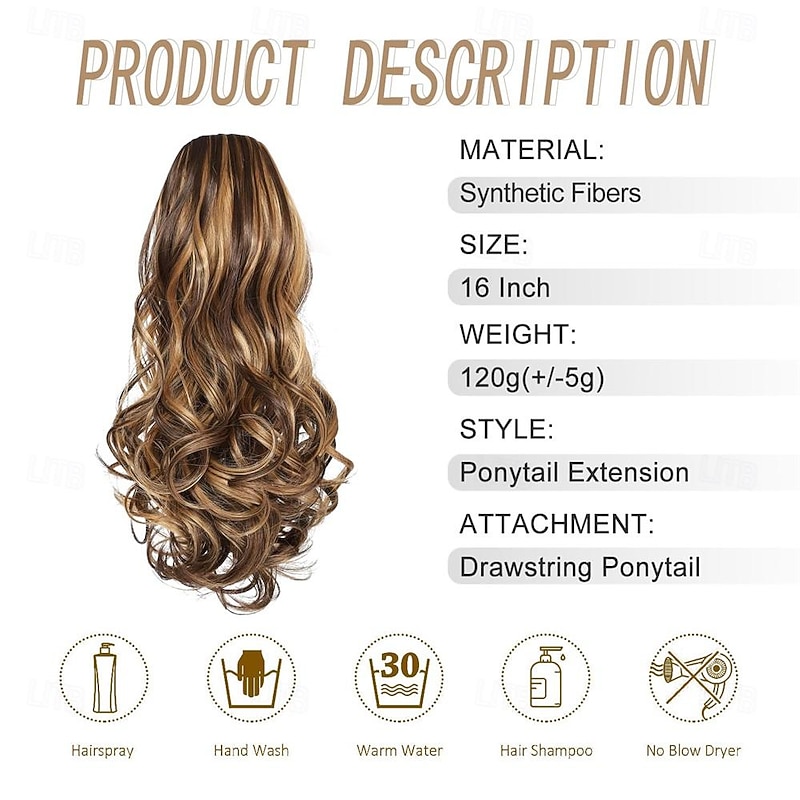 Drawstring Ponytail Hair Extension 16 Inch Synthetic Short Curly Wavy Fake Ponytail Extensions Natural Soft Clip in Ponytail Hairpieces for Women - Main Image