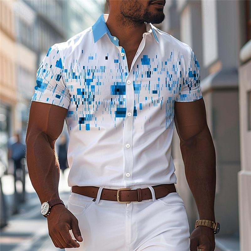Men's Geometric Pattern Geometry Printed Shirts Short Sleeve Business Casual Outdoor Street Wear to work Summer Turndown Print Button-Down White Blue Orange4