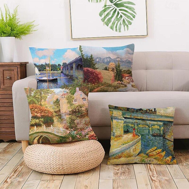 Oil painting village dock cushion cover 1PC short plush double-sided soft decoration square throw pillowcase cushion case pillowcase sofa bedroom washable