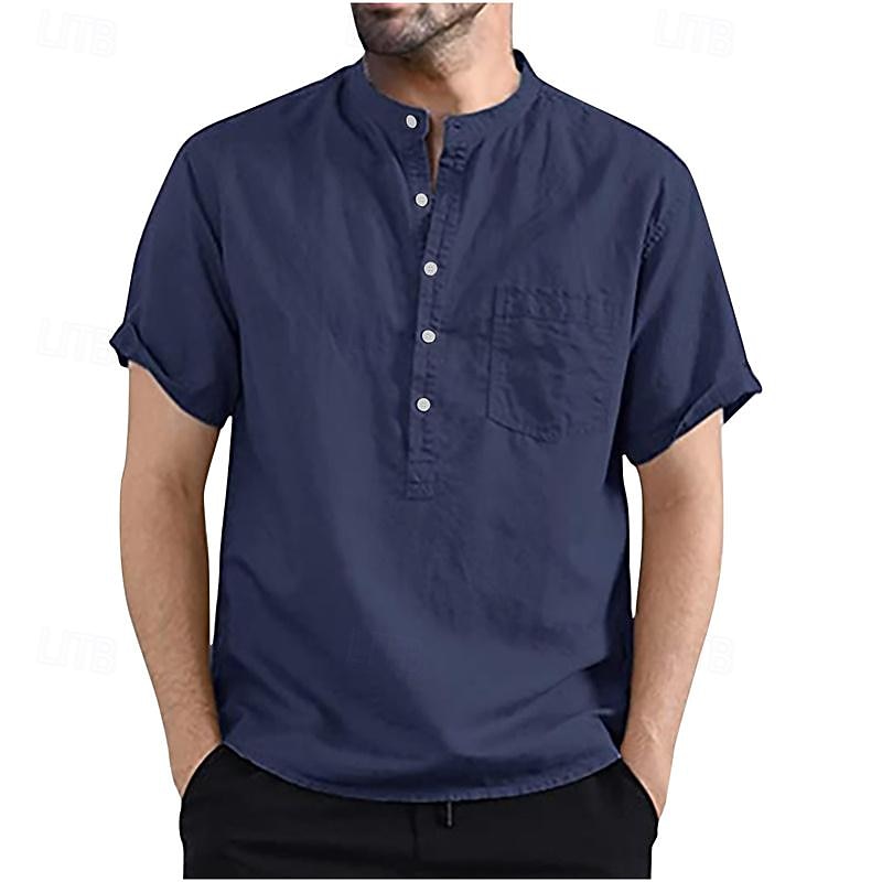 Men's Shirt Cotton Linen Shirt White Cotton Shirt Chinese Collar Shirt Mandarin Collar Shirt Casual Shirt Plain Vacation Casual Black White Pink Navy Blue Short Sleeve Band Collar Summer Clothing4