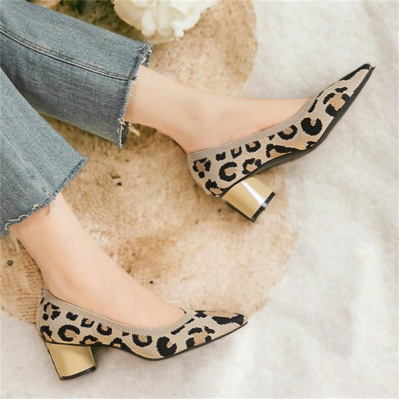 Women's Heels Plus Size Flyknit Shoes Outdoor Office Daily Leopard Chunky Heel Pointed Toe Fashion Classic Comfort Walking Knit Loafer Almond Leopard Black / Beige2