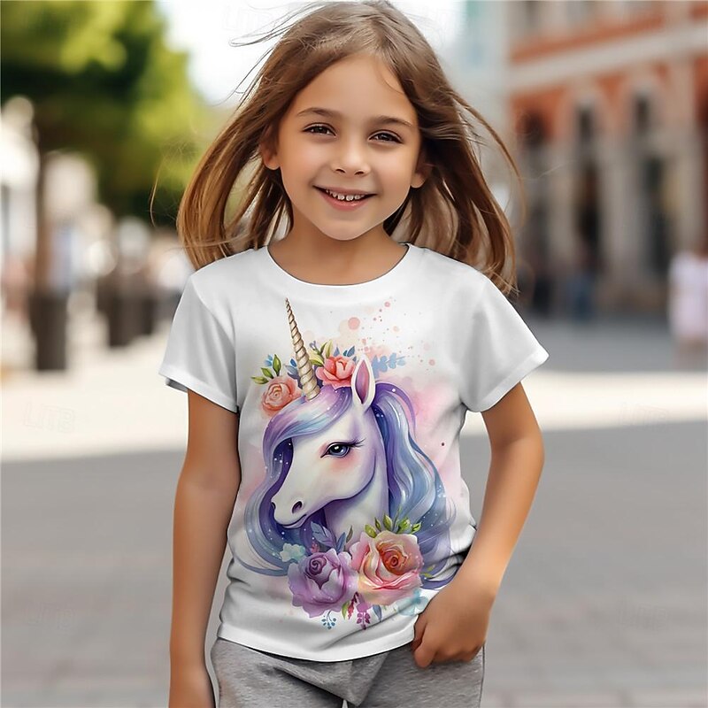 Girls' 3D Unicorn Tee Shirts Pink Short Sleeve 3D Print Summer Active Fashion Cute Polyester Kids 3-12 Years Crew Neck Outdoor Casual Daily Regular Fit3