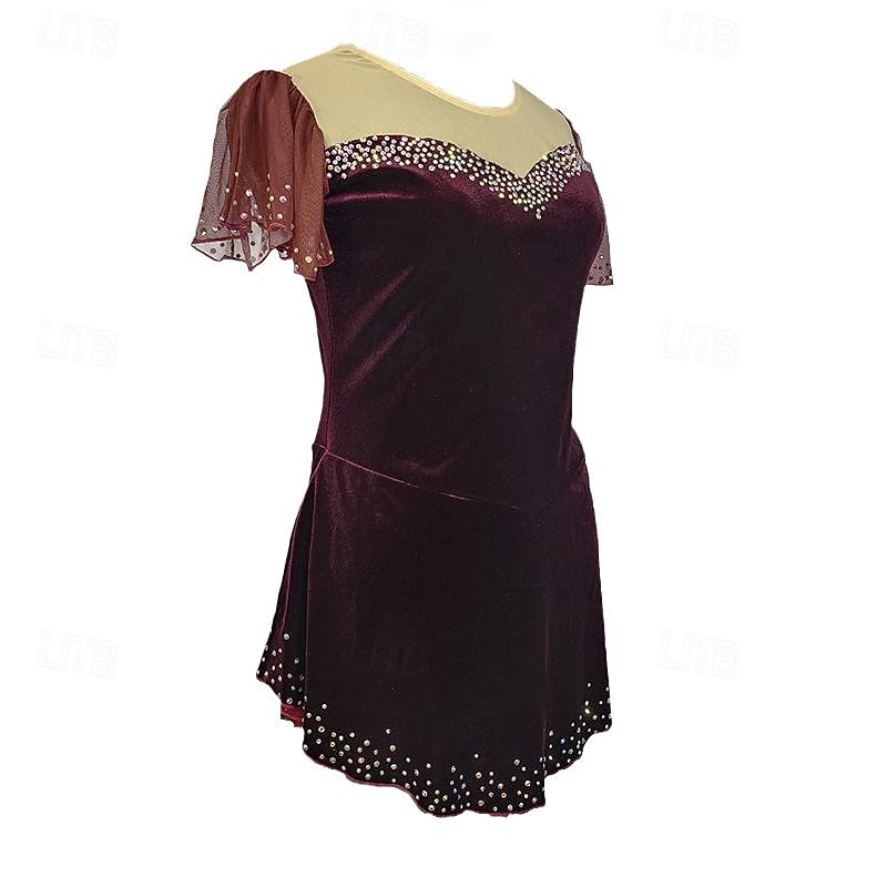 Figure Skating Dress Women's Girls' Ice Skating Dress Burgundy Patchwork Asymmetric Hem Mesh Spandex Stretchy Training Practice Professional Skating Wear Crystal / Rhinestone Short Sleeve Figure3