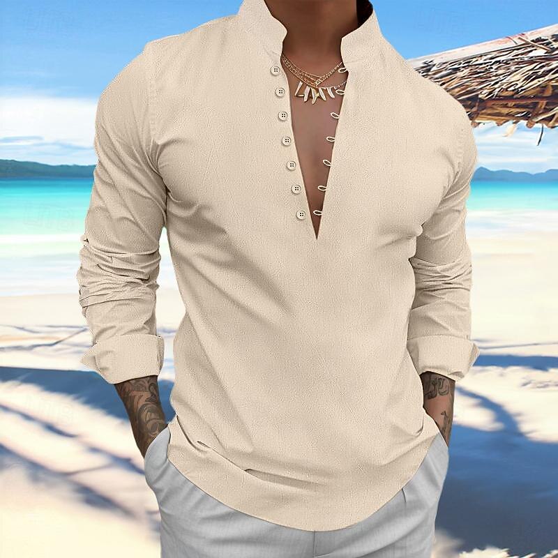 Men's Shirt Linen Shirt Popover Shirt Summer Shirt Beach Wear Plain Vacation Curise Black White Blue Sky Blue Long Sleeve Stand Collar Spring & Summer Clothing Apparel4