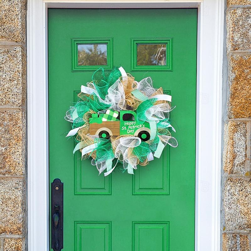 1pc Irish Day Wreath Patrick's Decoration Wreath St Patrick's Day Bow Wreath Green Shamrock Wreath Hanging Sign Wreath Pendant Party Wreath Lattice Door Bow Tie Ribbon4