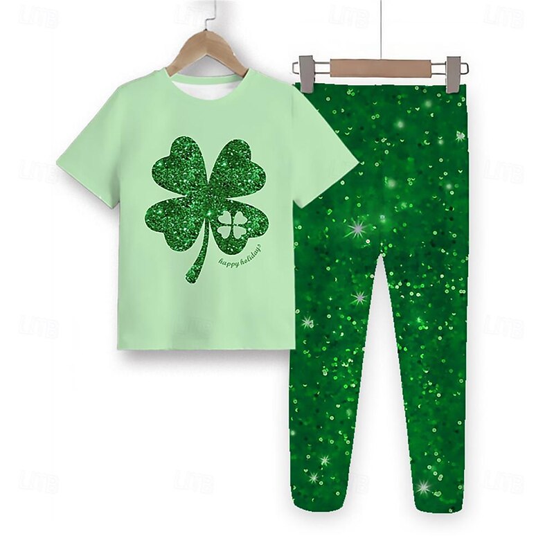 St. Patrick Girls' 3D Four Leaf Clover Tee & Pants Pajama Sets Short Sleeve 3D Print Summer Spring Fall Active Fashion Cute Polyester Kids 4 years+ Crew Neck Home Causal Indoor Regular Fit