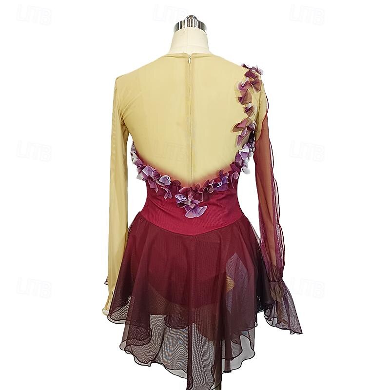 Figure Skating Dress Women's Girls' Ice Skating Dress Burgundy Patchwork Thumbhole Mesh Spandex Stretchy Training Practice Professional Skating Wear Crystal / Rhinestone Long Sleeve Ice Skating2