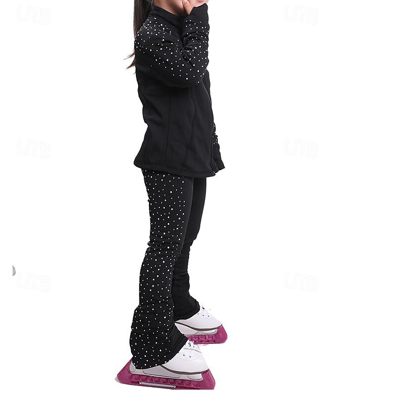 Figure Skating Jacket with Pants Women's Girls' Ice Skating Tights Outfits Black High Elasticity Training Practice Professional Skating Wear Thermal Warm Crystal / Rhinestone Long Sleeve Ice Skating4