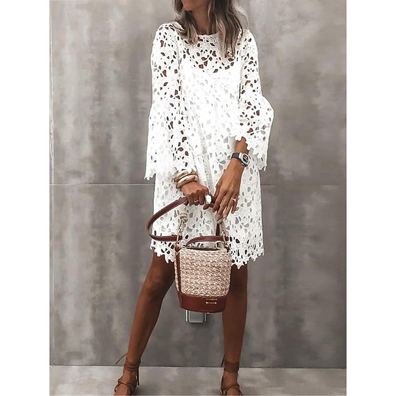 Women's Mini Dress White Dress White Lace Wedding Dress Boho Dress Fashion Outdoor Regular Fit Plain 3/4 Length Sleeve Crew Neck Black White Summer4