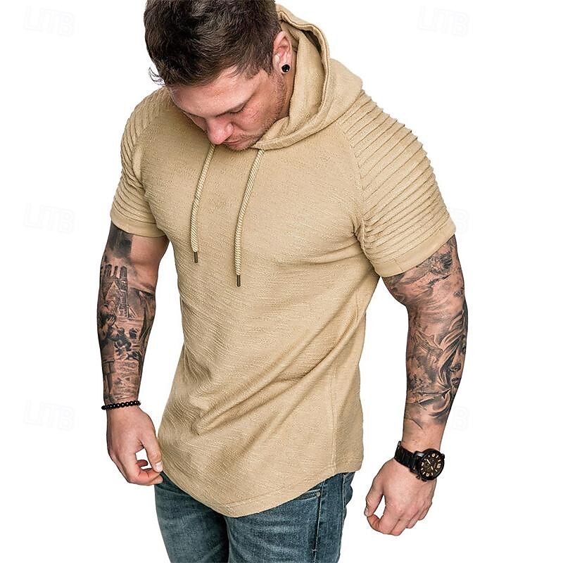 Men's T Shirt Tee Short Sleeve Shirt Tee Top Short Sleeve Hooded Spring & Summer Plain Slim Pleated Fashion Designer Basic Vacation Street Going out Black White Khaki Top Tee for Men 9