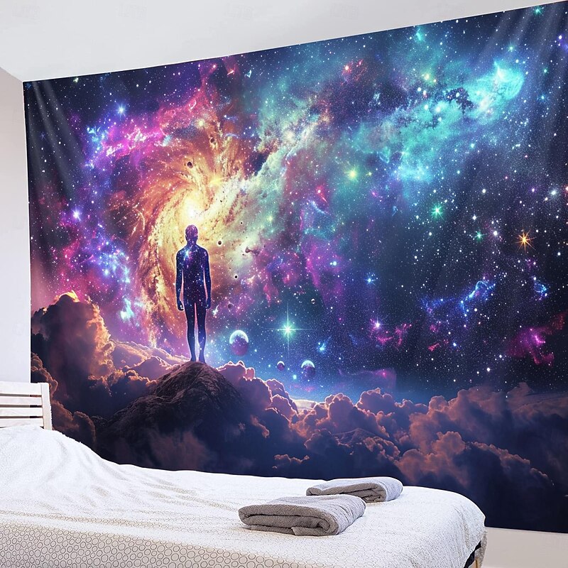 Blacklight Tapestry UV Reactive Glow in the Dark Universe Trippy Mountain Misty Nature Landscape Hanging Tapestry Wall Art Mural for Living Room Bedroom