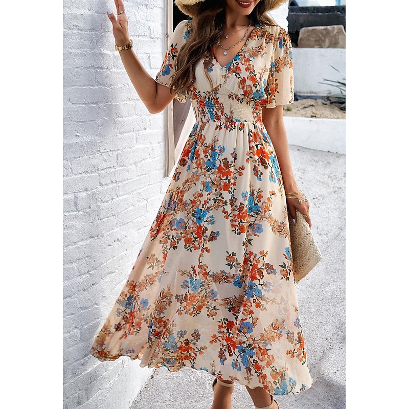 Women's Sheath Dress Chiffon Dress Sundress Floral Graphic Elastic Waist Print V Neck Cold Shoulder Long Dress Maxi Dress Elegant Tropical Party Date Short Sleeve Summer Spring 15