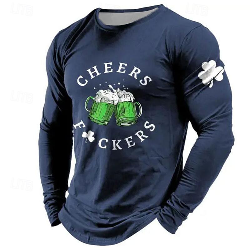 St. Patrick Men's Graphic Shamrock Beer Lucky Irish T Shirt T shirt Tee Long Sleeve T shirt 3D Print Crew Neck Shirt Fashion Designer Casual Sports Outdoor Holiday Going out Black Blue Green Spring3