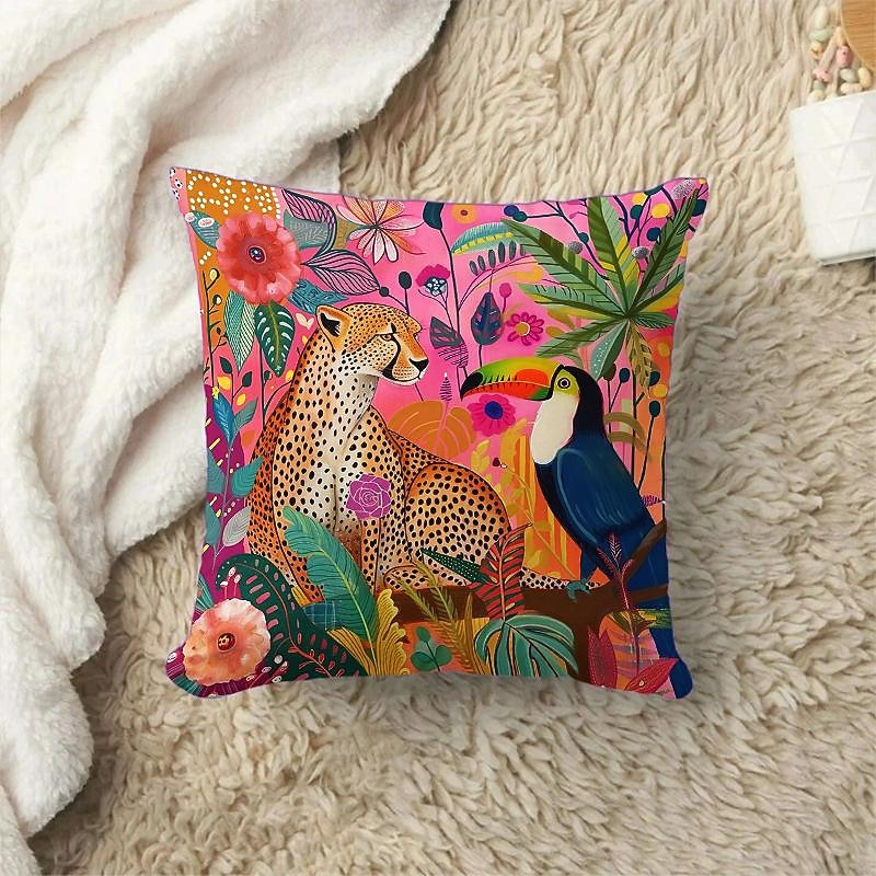Animal Leopard and Toucan Pattern 1PC Throw Pillow Covers Multiple Size Coastal Outdoor Decorative Pillows Soft Velvet Cushion Cases for Couch Sofa Bed Home Decor