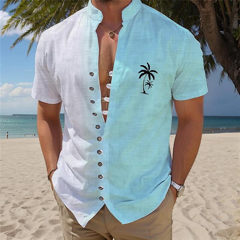 Men's Palm Tree Tropical Plants Summer Hawaiian Shirt Aloha Shirt Printed Shirts Short Sleeves Shirt Standing Collar Hawaiian Resort Vacation Holiday Daily Wear Pink Blue Sky Blue S M L4